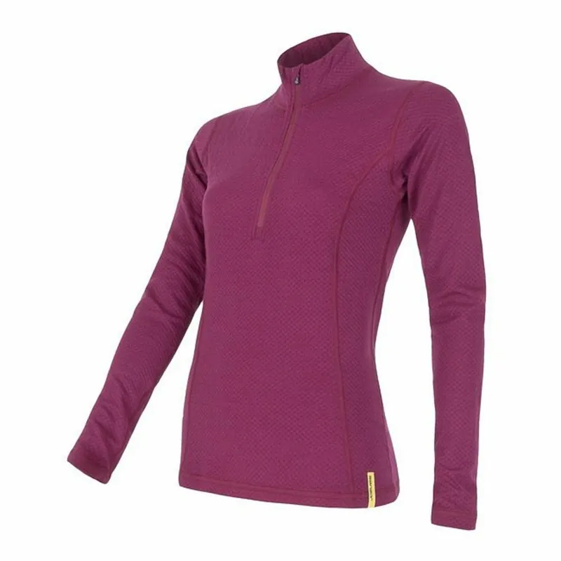 Dames t-shirt SENSOR Merino DF Rits dl. mouw purper S Beperkte Voorraad
