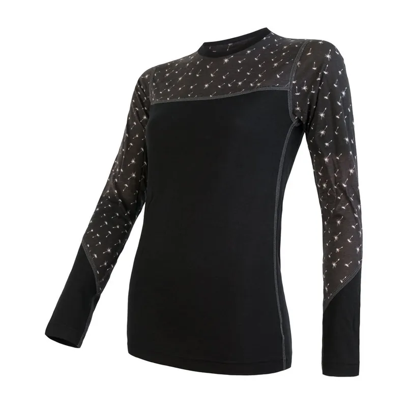 Direct Beschikbaar Dames t-shirt SENSOR Merino Indruk maken dl. mouw zwart / patroon S