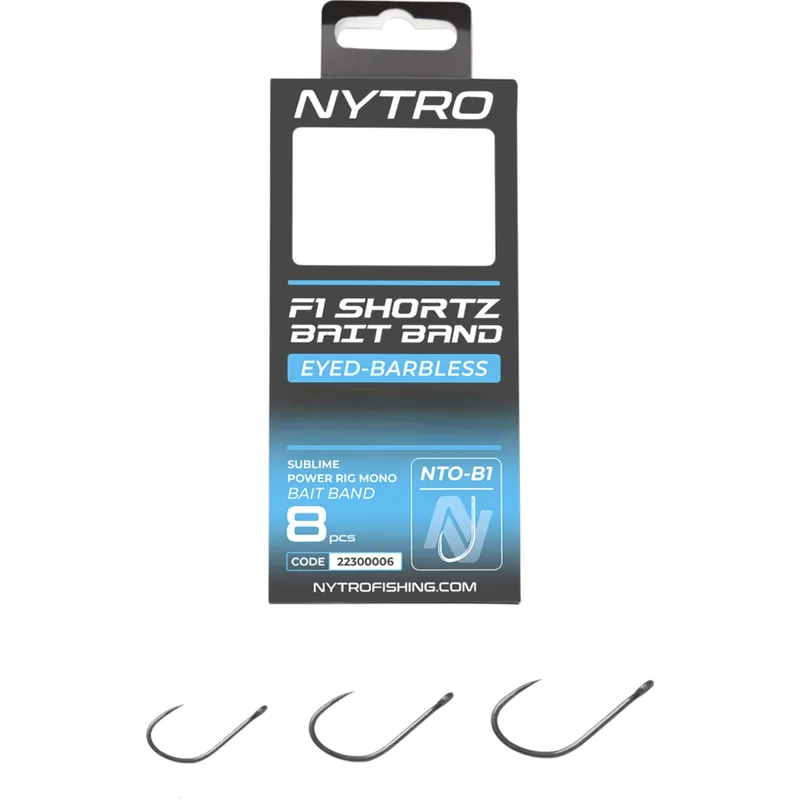 Nytro NTO-B1 Barbless F1 Shortz 3 Latex Bait Band Ready Tied Rigs 7.5cm (8 Stuks) 16/0.15mm/4.1lb Bestel Nu