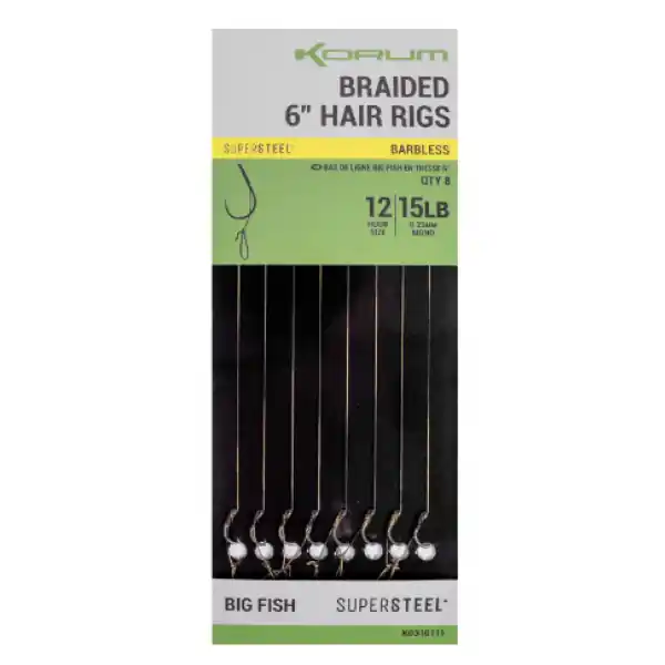 Korum Big Fish Braided Hair Rigs 6" 8pcs Barbless Goedkoop