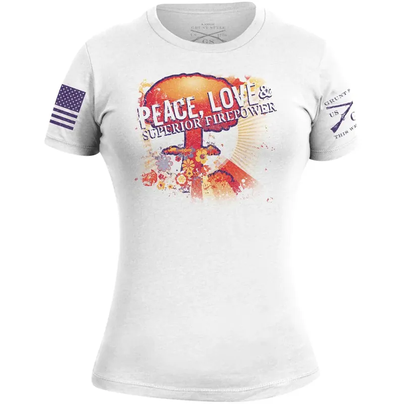 Koopje Grunt Style Vrouwen Peace, Love & Superior Firepower T-shirt - Groot - Wit