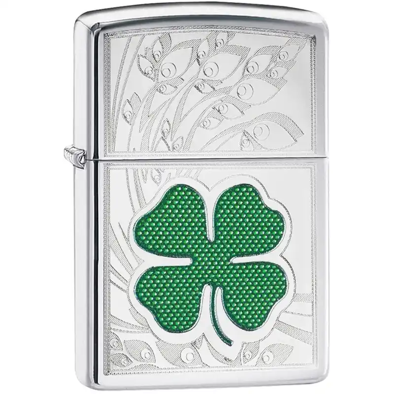 Zippo Hoog gepolijste chromen gegraveerde klaverzakaansteker Tijdelijk Beschikbaar