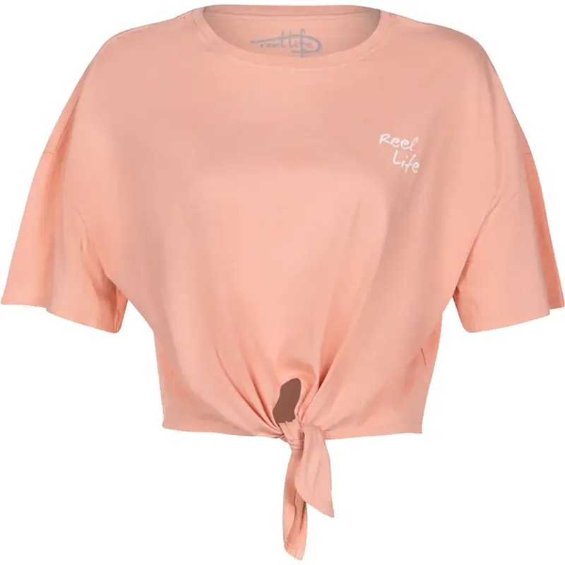 Reel Life Dames Ocean Washed Stay Wild T-shirt met strik aan de voorkant - Peaches N' Cream S Populair