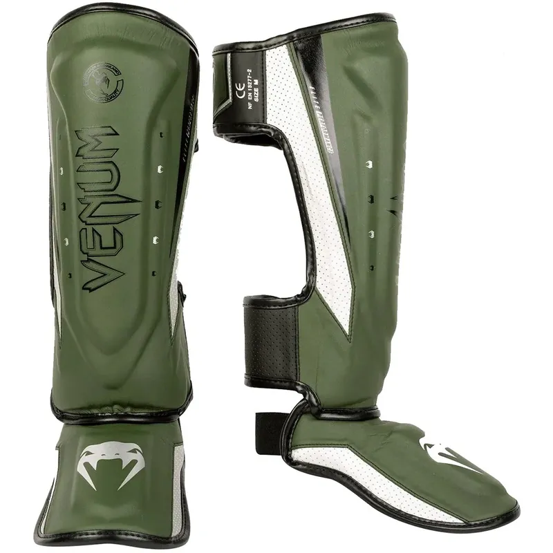 Venum Elite Evo beschermende scheenbeen- en wreefbeschermers - Khaki/Zilver M Direct Beschikbaar
