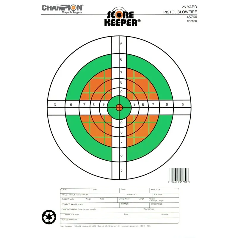 Champion Score Keeper Bullseye papieren doelen - fluorescerend oranje/groen 25 Yd Pistool Langzaam Vuur Aanbieding