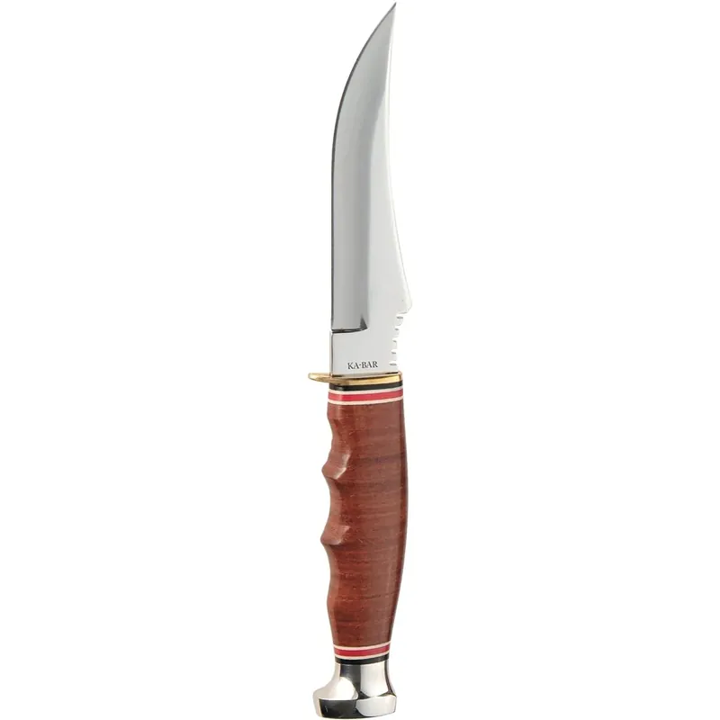 Op = Op KA-BAR 4.375" Vaste Blade Skinner Stacked Leather Handvat Mes met Schede - Bruin