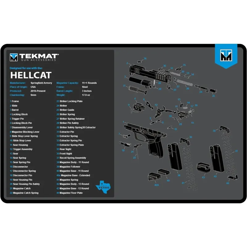 TekMat originele wapenreinigingsmat - 17" X 11" - Springfield Armory Hellcat - Blauw Beperkt Aanbod