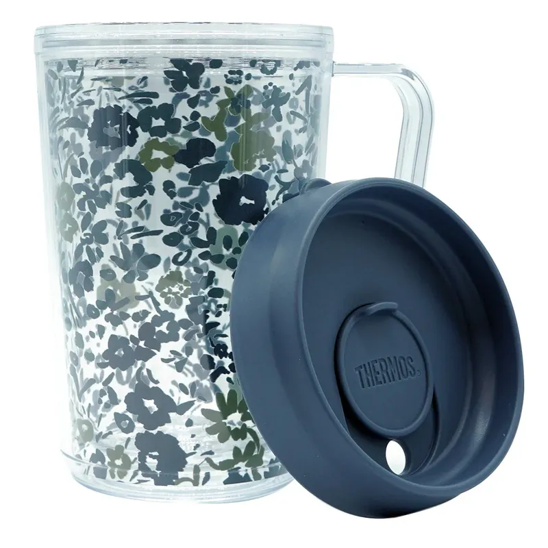 Actieprijs Thermos 16 oz. Dubbelwandige bureaumok met schuifdeksel - Aquarel bloemen
