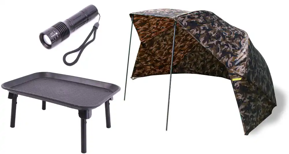 Ultimate Camo Brolly 50" + Bivvy Table + Zaklamp Gecertificeerd