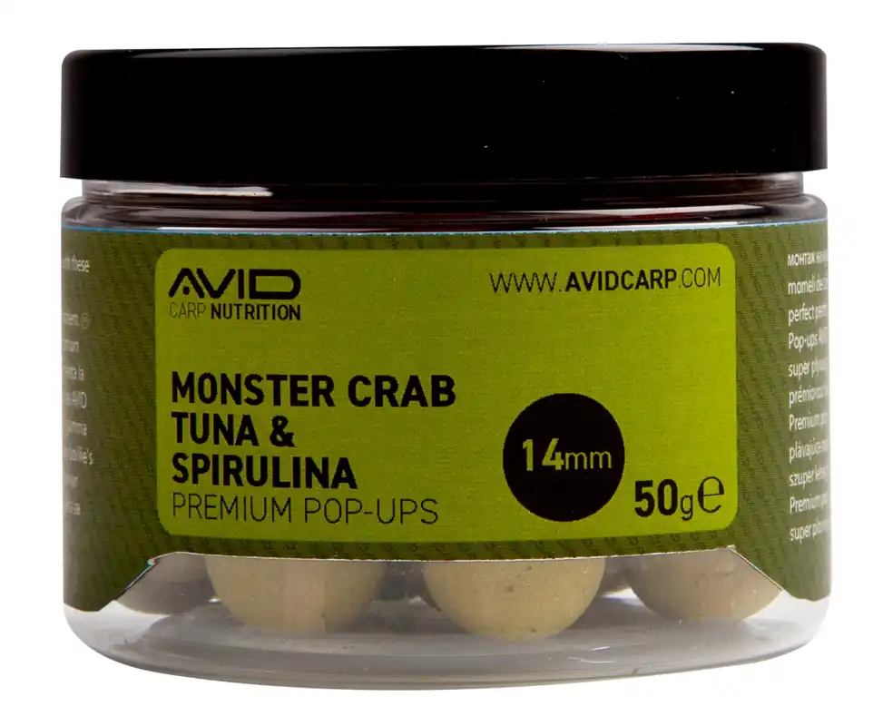 Avid Monster Crab-Tuna & Spirulina Pop Ups 14mm (50g) Korting