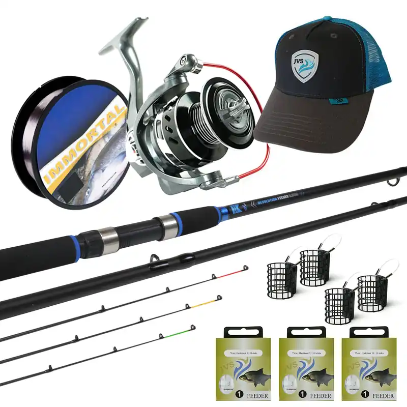 JVS Revolution Feeder set - Compleet Feederhengel + Feedermolen Vislijn Onderlijnen Feederkorven - Zwart Tijdelijk Beschikbaar