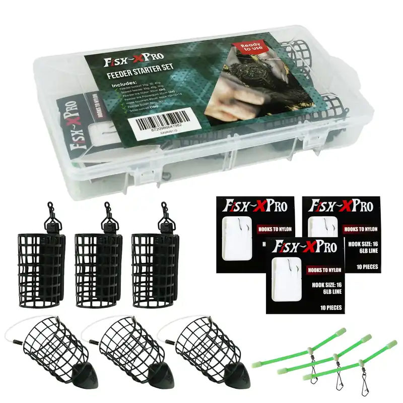 Direct Beschikbaar FishXpro Feeder Starter Set - Voerkorven - Afhouders - Feederlinks - Tackle Box