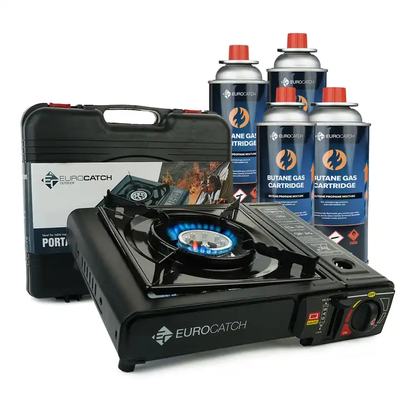 Eurocatch Outdoor - Kooktoestel op Gas - incl 4 Gasbussen -Gas Stove - Camping Kooktoestel - Gaspit - Gasfornuis - Gasstel - Cooker - Draagkoffer Weekendaanbieding