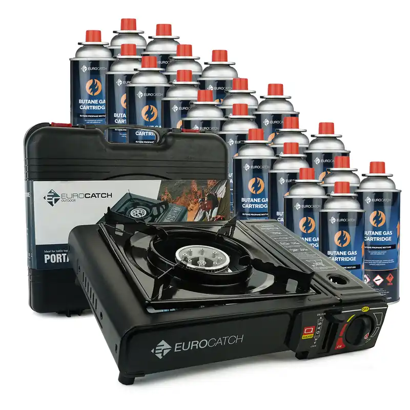 Eurocatch Outdoor - Kooktoestel op Gas - incl 20 Gasbussen -Gas Stove - Camping Kooktoestel - Gaspit - Gasfornuis - Gasstel - Cooker - Draagkoffer Goedkoop