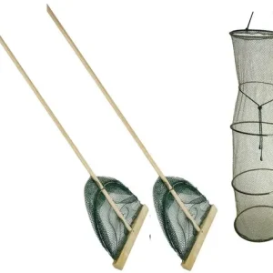 Laatste Kans Eurocatch Garnalennet L - 2 Stuks - en Bewaarnet Set 30cm Breed - Houten steel 107cm lang - Slootnet - Visnet - Samen Garnalenvissen