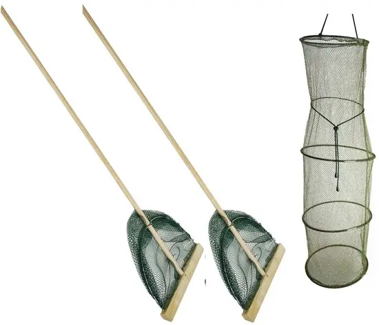 Laatste Kans Eurocatch Garnalennet L - 2 Stuks - en Bewaarnet Set 30cm Breed - Houten steel 107cm lang - Slootnet - Visnet - Samen Garnalenvissen
