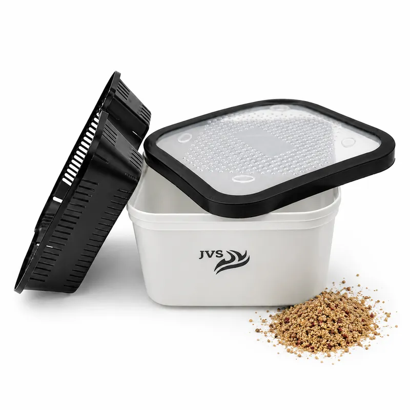 Betaalbaar JVS Madenbak met rubber sluitrand - inclusief pellet zeef - Hoog 16.5x16.5x8.5cm
