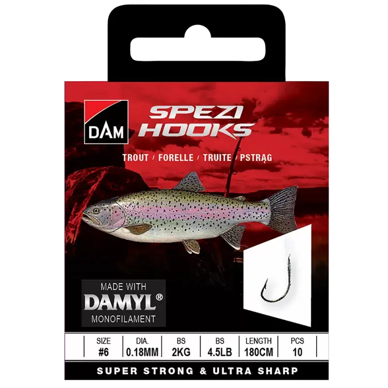Dam Spezi Trout | Haakmaat 6 | 0.18MM | 2KG | 4.5LBS | 180CM | 10 stuks Favoriet