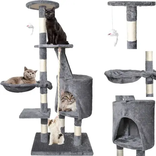 Direct Beschikbaar Purlov Kattenkrabpaal - 118 cm - Grijs - Met Huisje en Ladder
