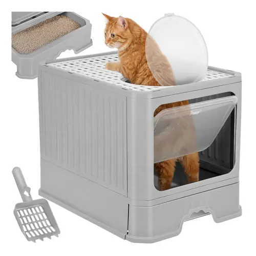 Purlov Gesloten Kattenbak - Met Lade & Schep - 50 x 36 x 38 cm - Grijs/Wit Populair