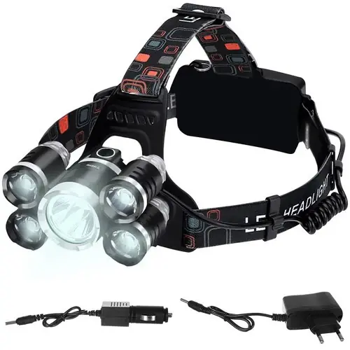 Beste Prijs 5x LED CREE T6 Hoofdlamp – Oplaadbaar – Met Autolader – Aluminium – Zwart