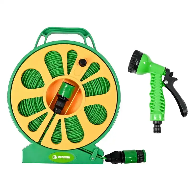 Finale Uitverkoop Benson Compacte Tuinslangset - 15 Meter - Inclusief Haspel & 7-Standen Sproeikop