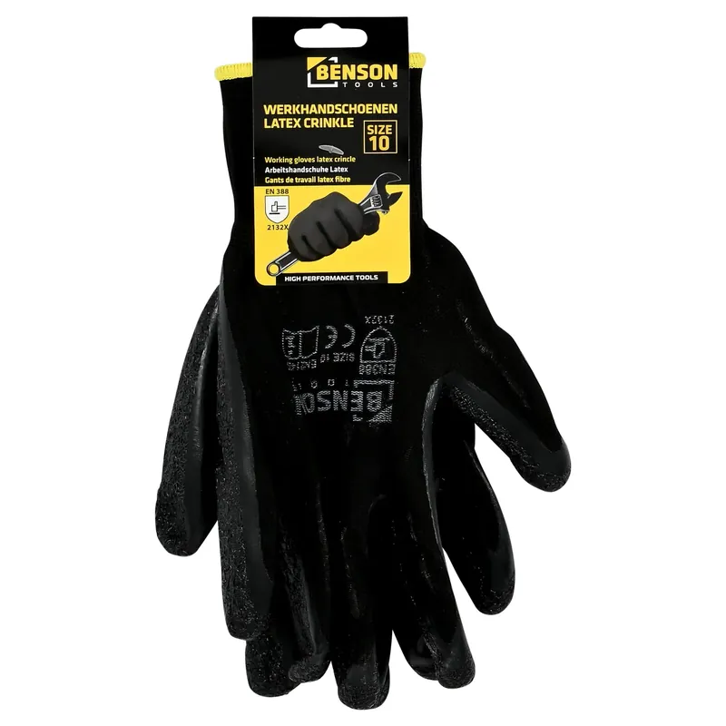 Benson Latex Crinkle Werkhandschoenen - Zwart - Maat 10 - EN 388 Premium