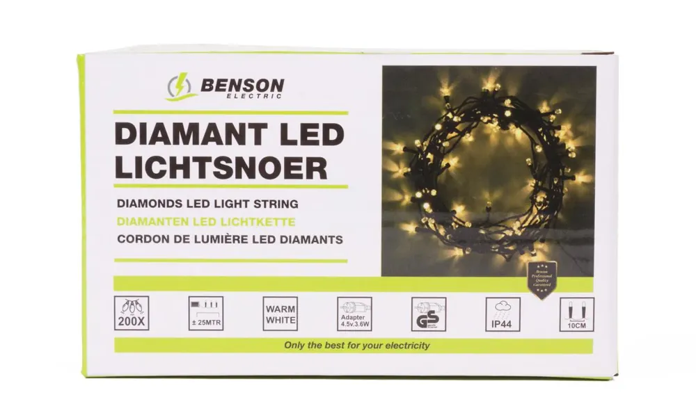 Hoge Kwaliteit Benson LED Lichtsnoer Diamant – 200 LED's – 25 Meter – Warm Wit – Timer & Dimmer